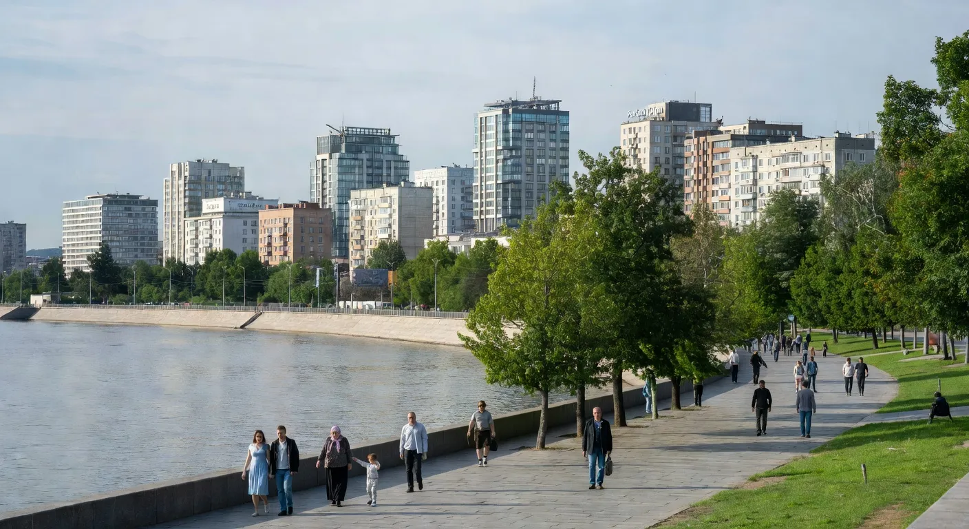 Le remblai du Dniepr (Dnieprovska Naberezhna) à Dnipro, promeneurs sur les quais
