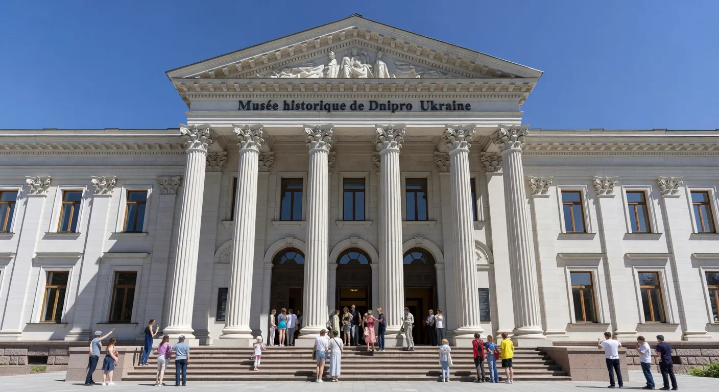 Façade du musée historique de Dnipro avec colonnes classiques
