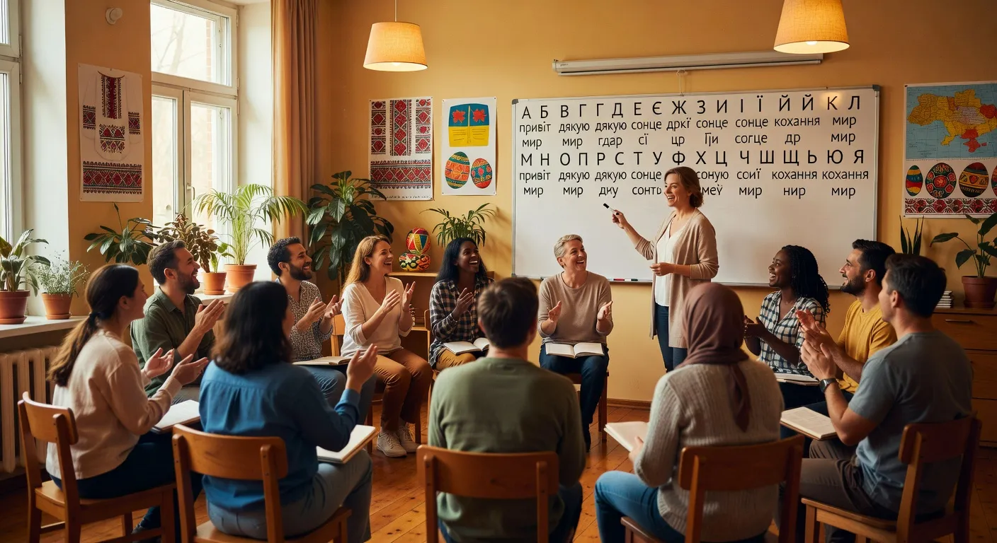Groupe d'étudiants adultes en cours de langue ukrainienne avec tableau cyrillique