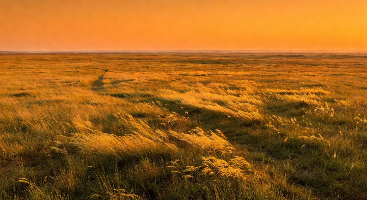 Steppe pontique ukrainienne, herbes hautes et coucher de soleil