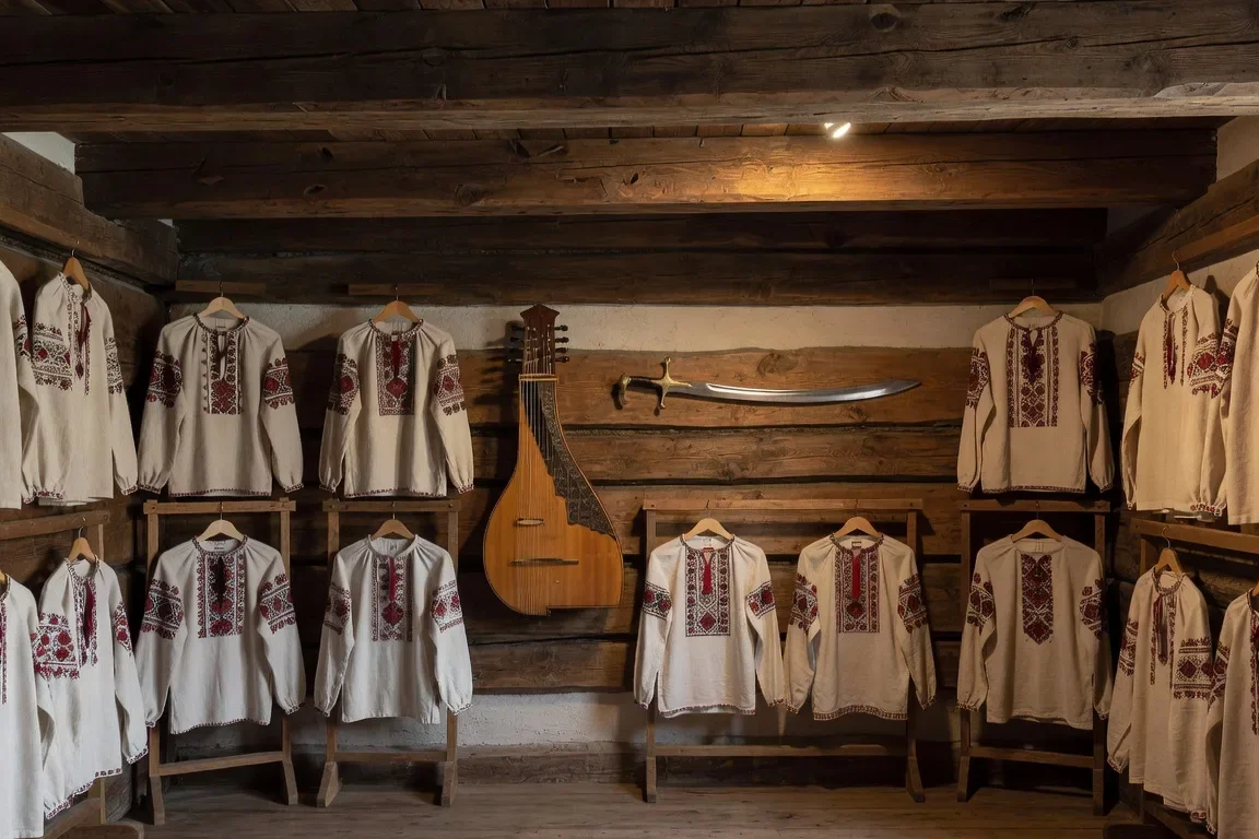 Musee cosaque ukrainien avec vyshyvanky, sabre et bandura