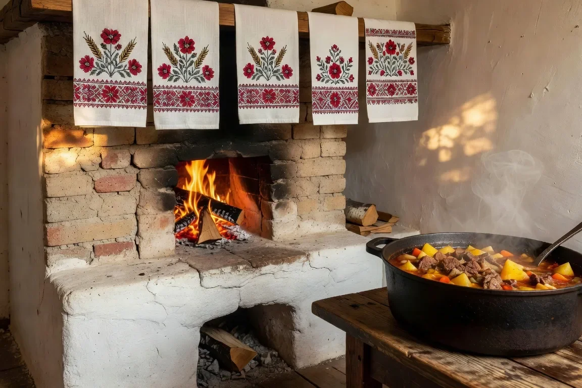 Four traditionnel ukrainien (pich) avec marmite en fonte dans une cuisine rurale