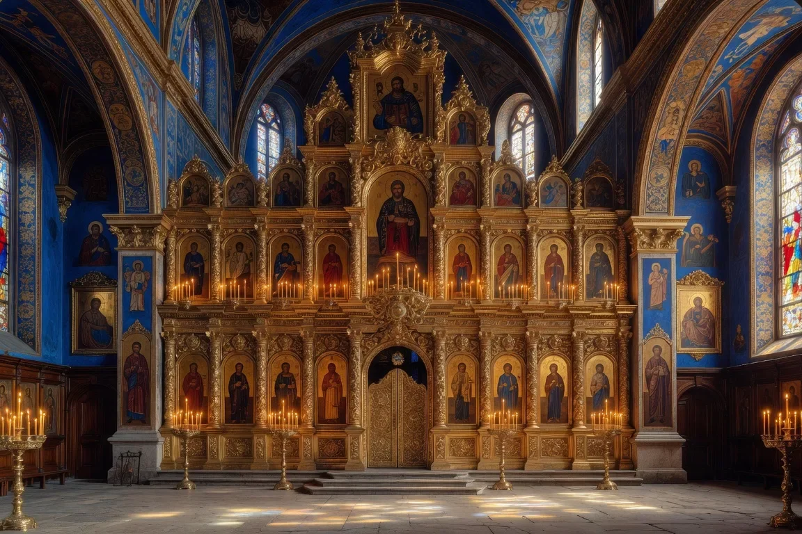 Intérieur d'une église baroque ukrainienne avec iconostase dorée et icônes byzantines