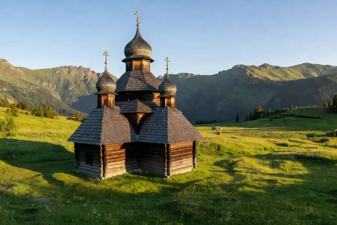 Tserkva en bois houtsoule des Carpates ukrainiennes avec trois tours superposees