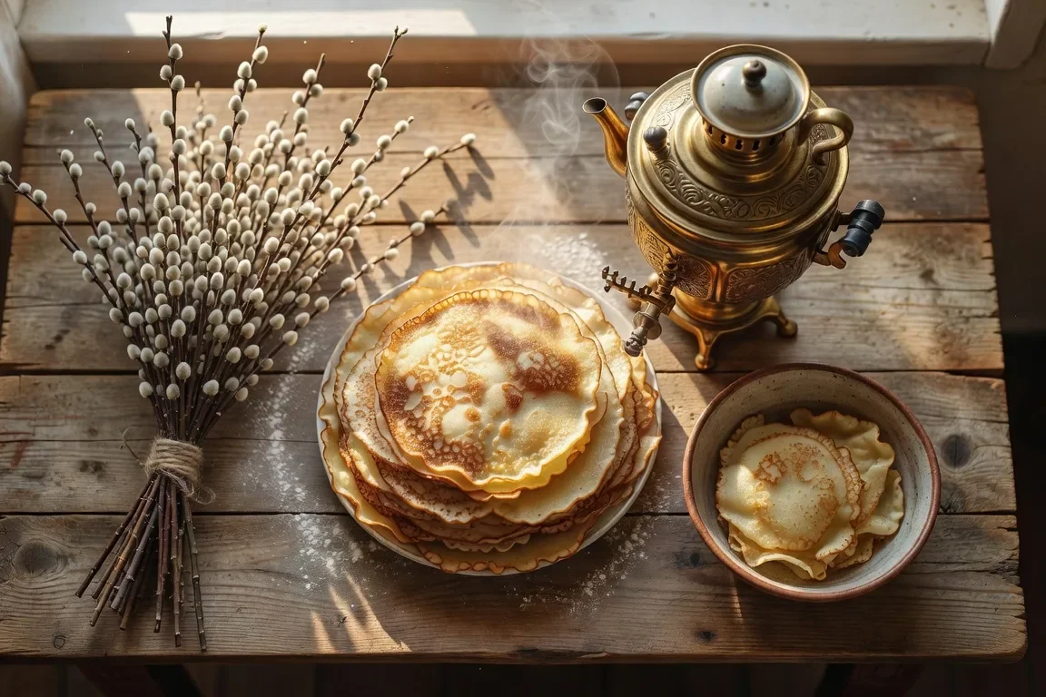 Mlyntsi ukrainiens (pancakes) avec samovar et bouquet de saule pour Maslyana
