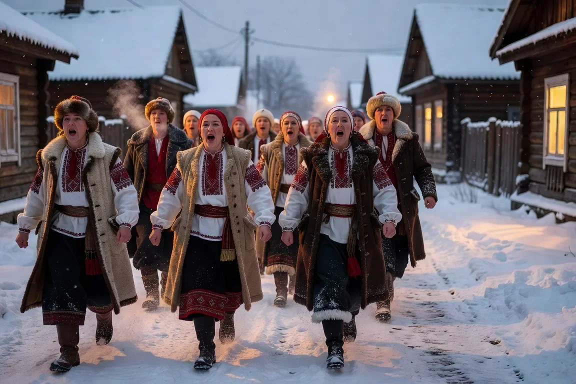 Procession de Vertep dans un village ukrainien sous la neige avec costumes traditionnels brodes