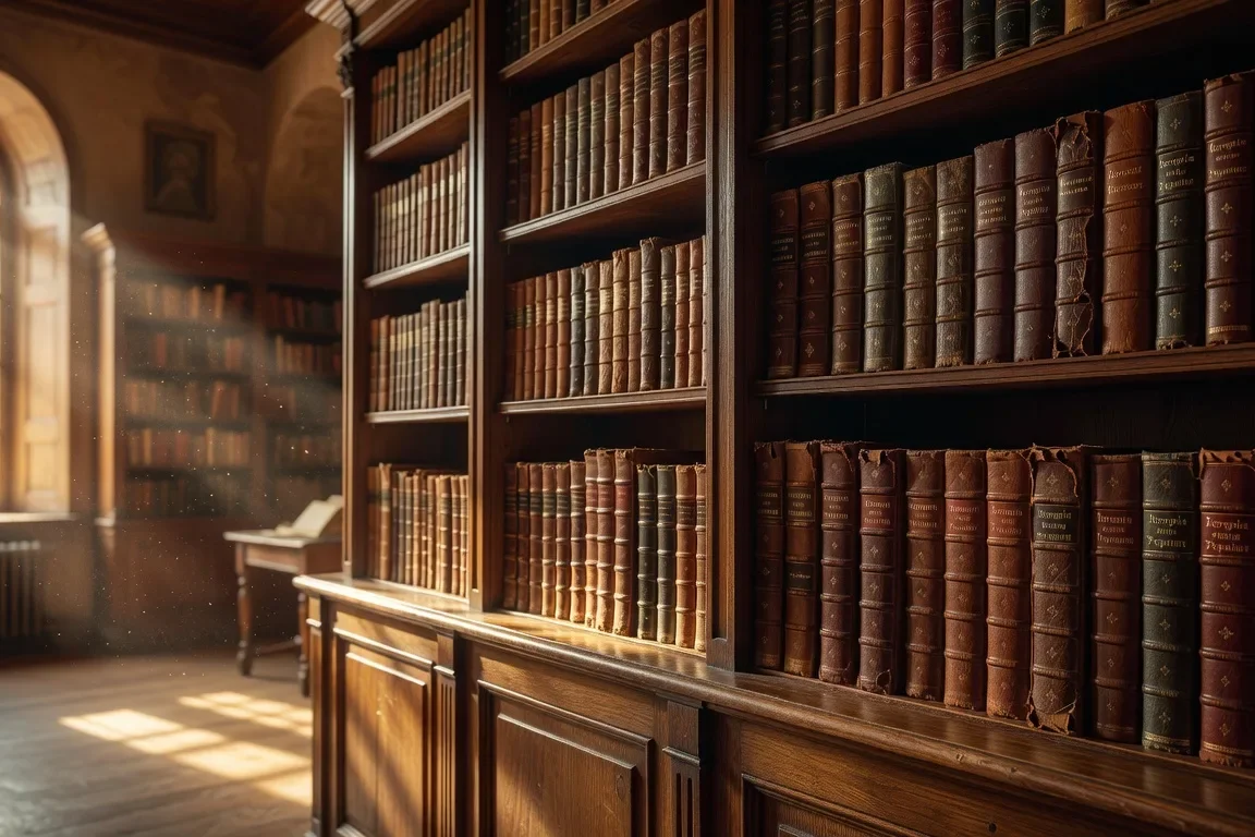 Vieille bibliotheque ukrainienne avec livres relies en cyrillique