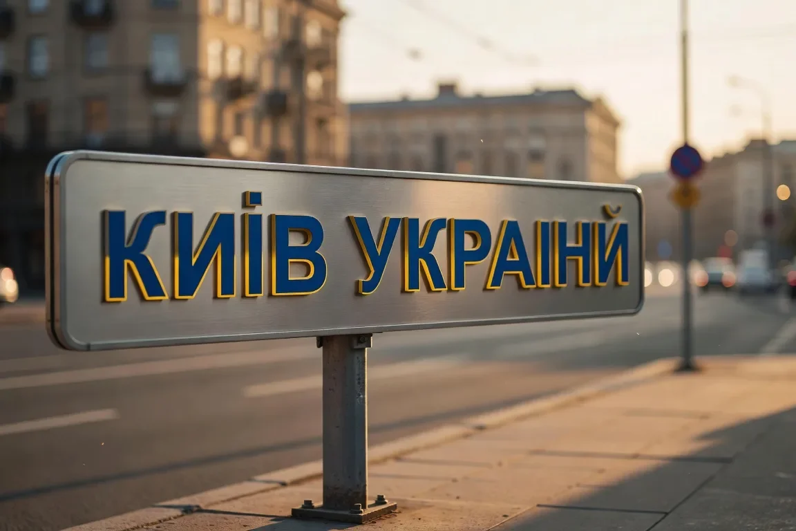 Panneau de rue en ukrainien a Kiev avec lettres cyrilliques bleues et accents jaunes