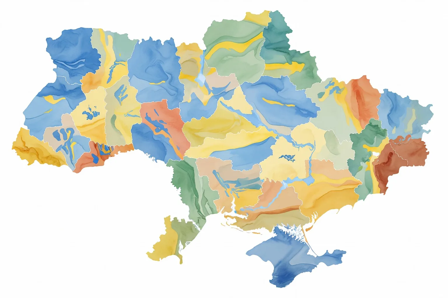 Carte topographique stylisee de l'Ukraine et de ses 24 oblasts