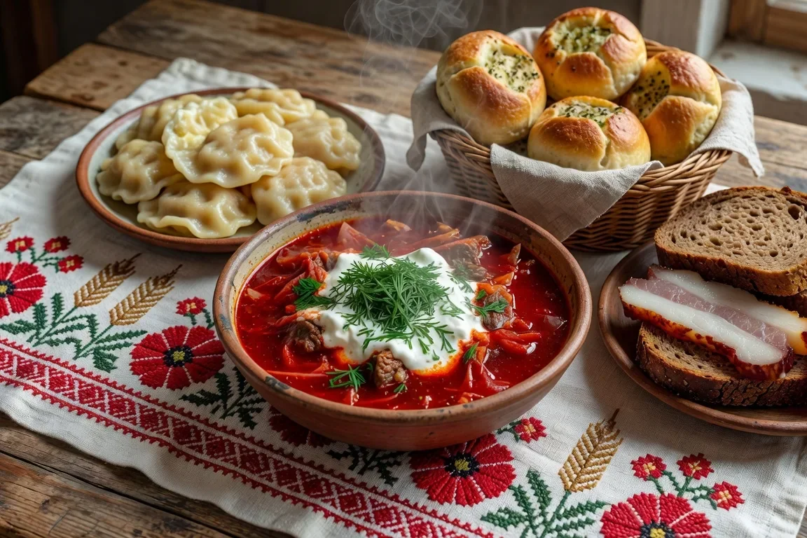 Table ukrainienne avec borshch, varenyky et pain noir
