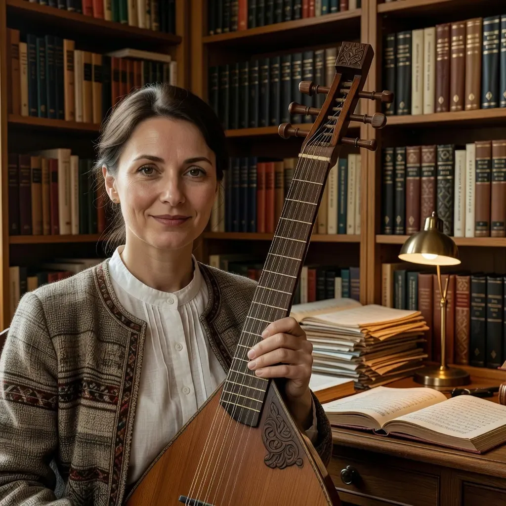 Portrait de Dr Oksana Petrenko et une bandura, instrument de musique ukrainien traditionnel