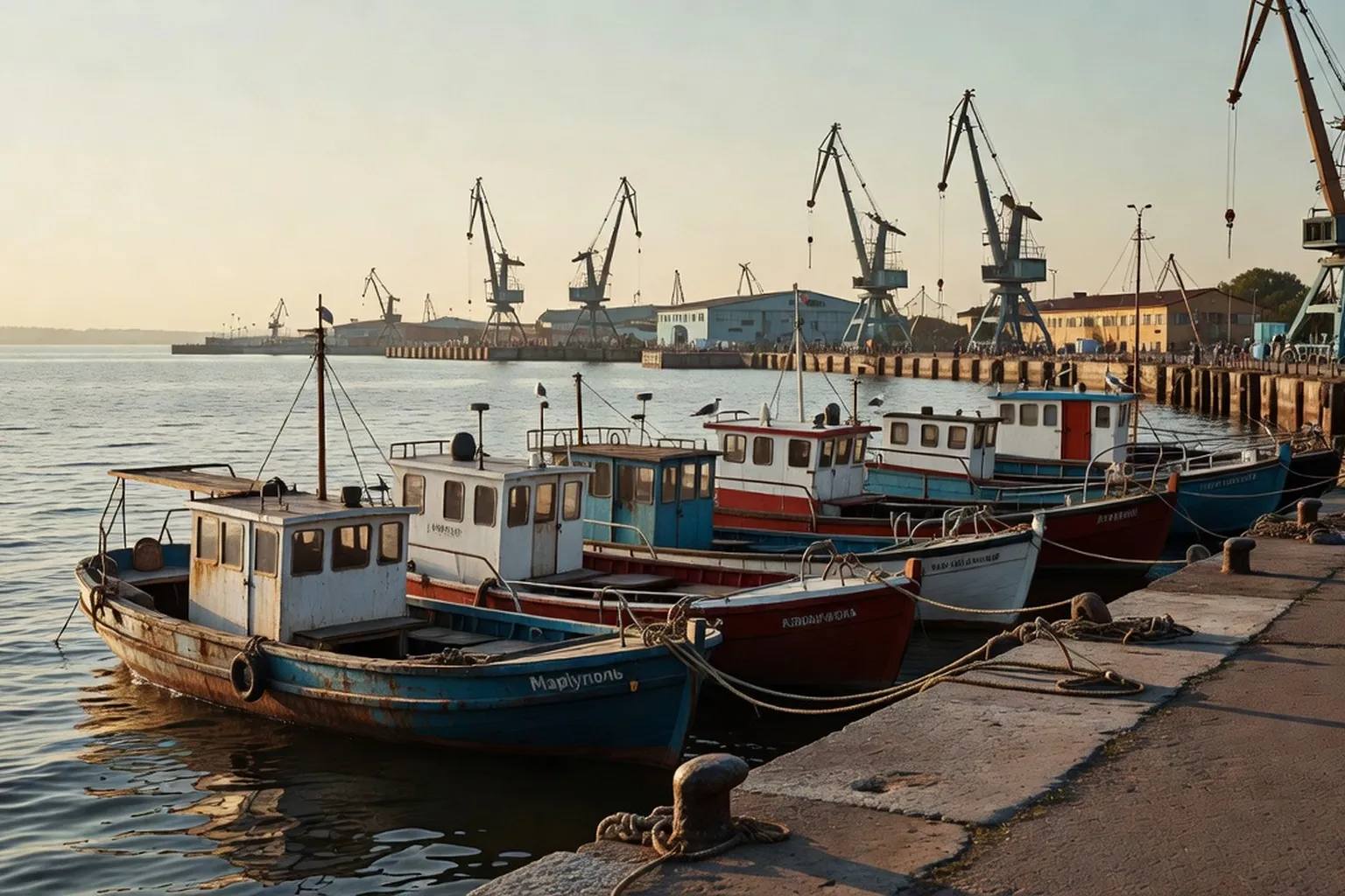 Port de Marioupol sur la mer d'Azov avant 2022, grues et silos à grain