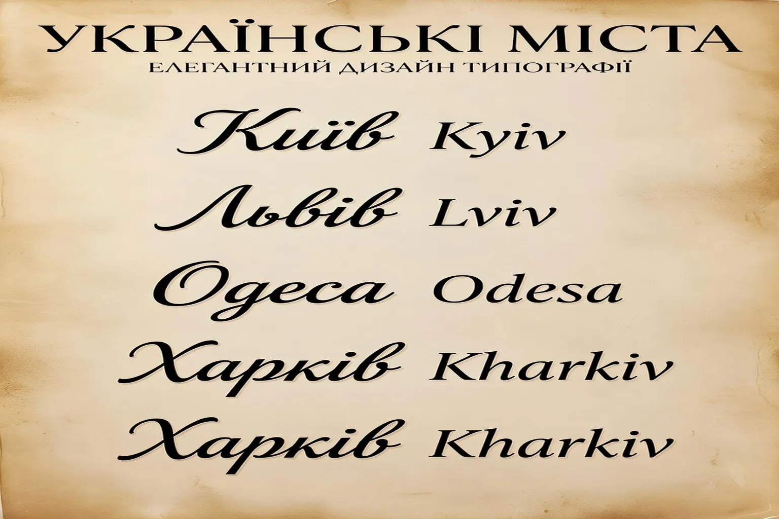 Typographie comparant noms de villes ukrainiennes en cyrillique et latin