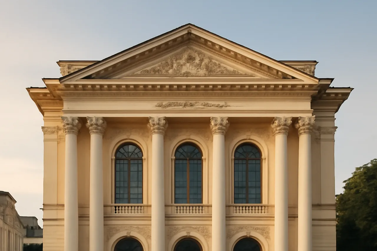 Façade à colonnes d'un théâtre provincial du XIXe siècle en Ukraine