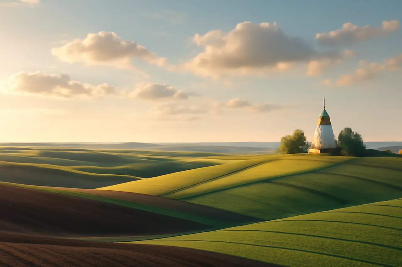 Plateau agricole vallonné aux terres noires de Podolie avec une petite église au loin