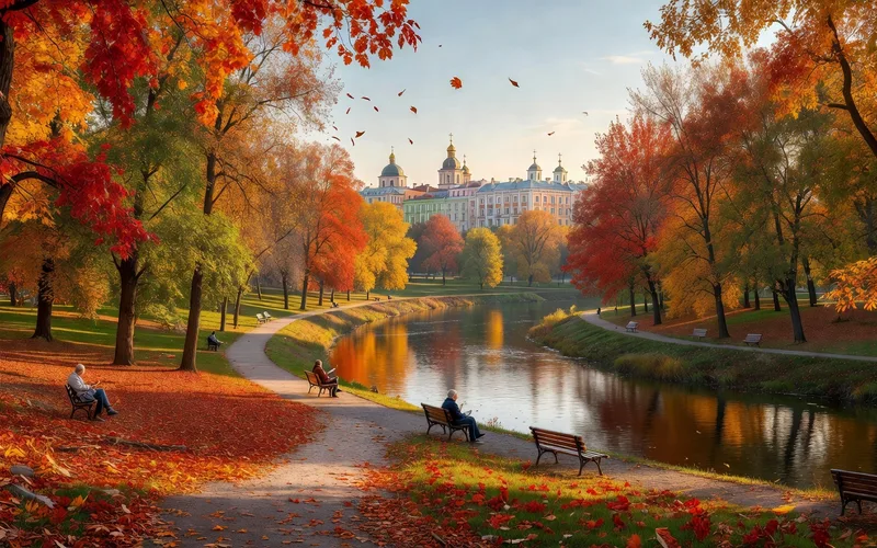 Sumy Ukraine city park with autumn trees and river
