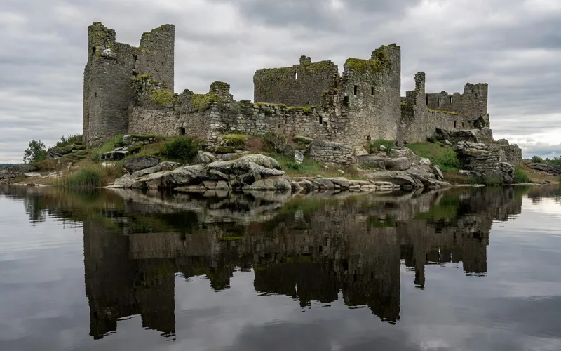 Ternopil Castle ruins on lake shore