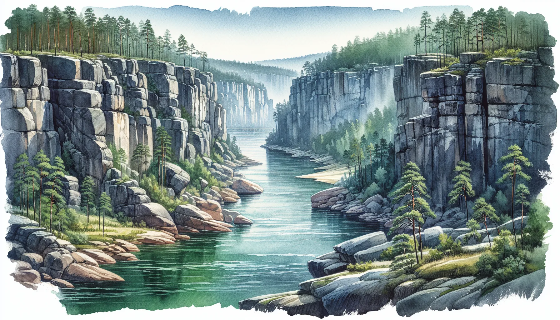 Le canyon granitique de la rivi&egrave;re Teteriv pr&egrave;s de Zhytomyr, avec ses blocs de roche ros&eacute;e au milieu de la for&ecirc;t